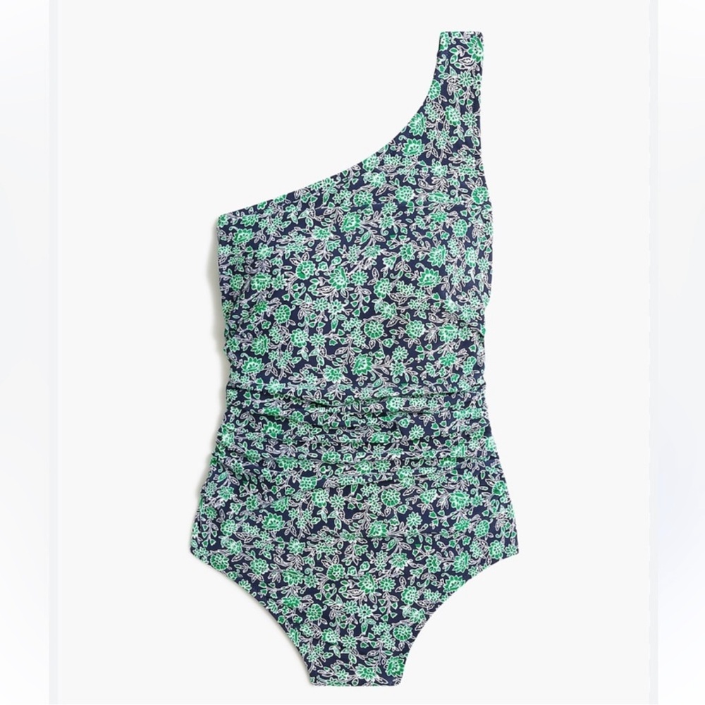 J. Crew Navy One-Shoulder Floral One-Piece Swimsuit with Green Accents